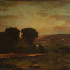 A wide, golden harvest valley under a warm evening sky, with sheaves of wheat in the fields and a river winding past tall trees.