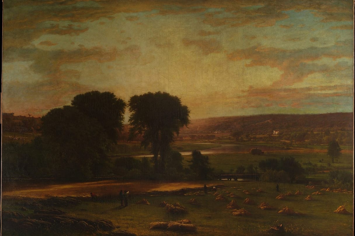 A wide, golden harvest valley under a warm evening sky, with sheaves of wheat in the fields and a river winding past tall trees.