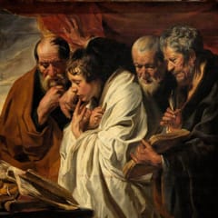 Four men, three old and one young, crowd together over open books, each absorbed in reading or writing.