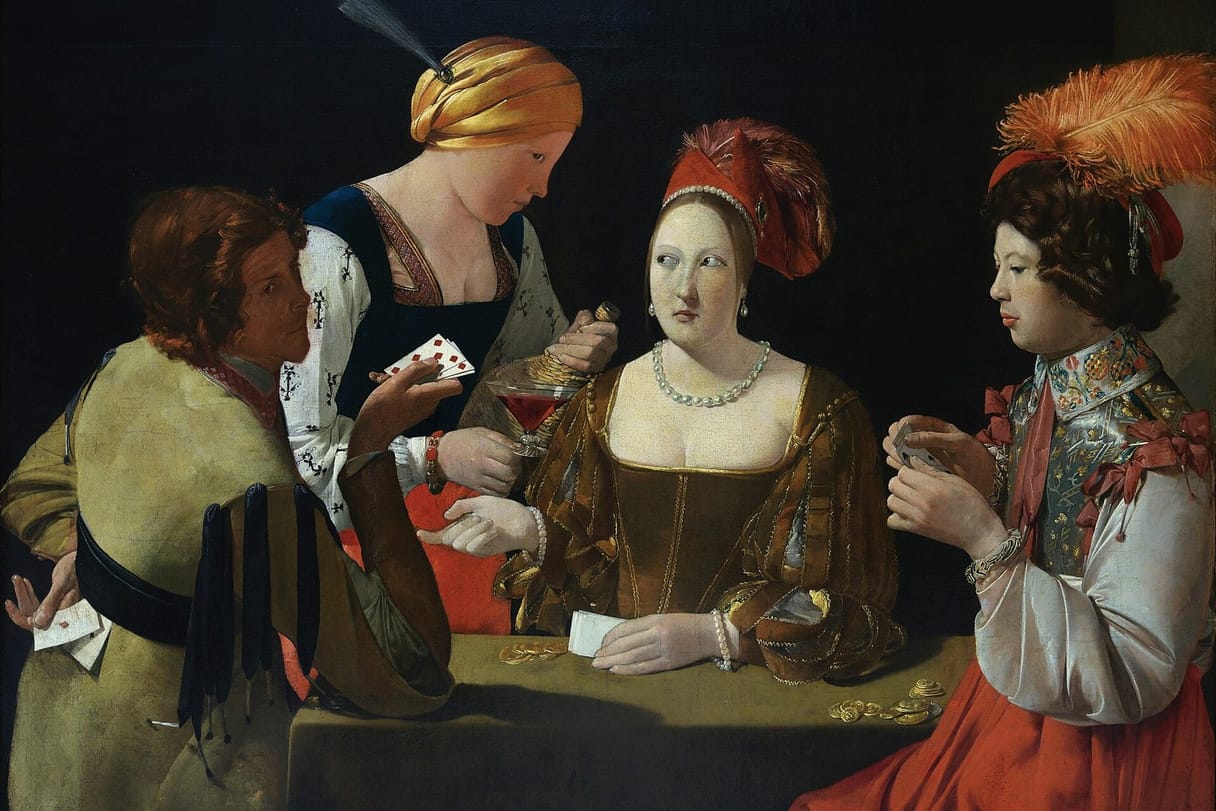 Around a card table, a woman and her maid trade sidelong glances while a man slips an ace from his belt behind his back, as a richly dressed young player studies his cards.