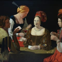 Around a card table, a woman and her maid trade sidelong glances while a man slips an ace from his belt behind his back, as a richly dressed young player studies his cards.