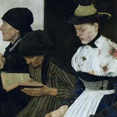 Three women of different ages sit in a carved wooden church pew: an old woman prays with clasped hands, another reads a worn prayer book, and a young woman in a straw hat and embroidered blouse looks down at her book.