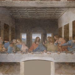 Jesus sits at the center of a long table with bread and wine, the twelve apostles gathered in agitated groups on either side of him.