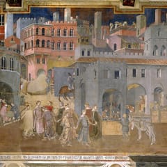 A crowded medieval city of towers, shops, and loggias, where builders work on the rooftops, merchants and riders go about their business, and a ring of figures dances in the street.