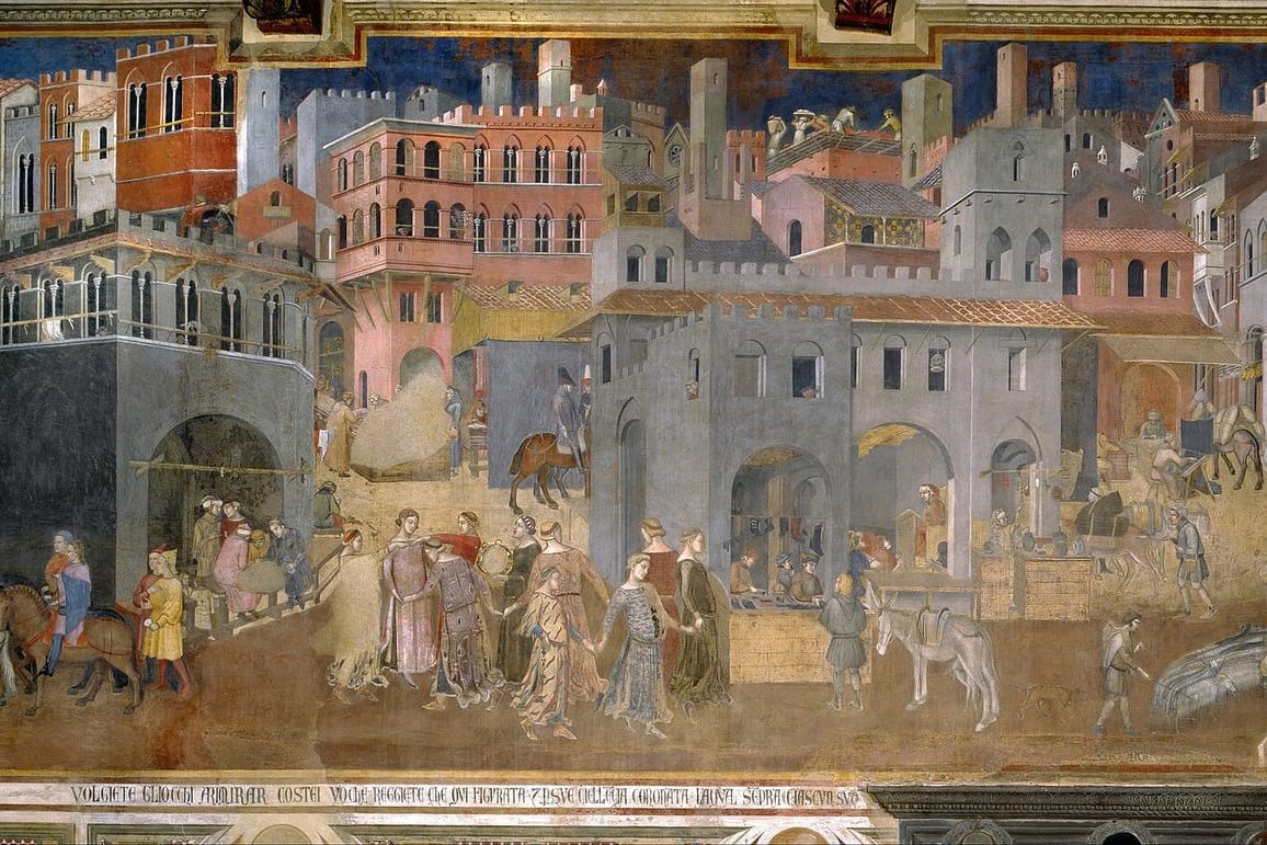 A crowded medieval city of towers, shops, and loggias, where builders work on the rooftops, merchants and riders go about their business, and a ring of figures dances in the street.