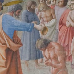 Saint Peter, haloed and wearing a blue robe and orange cloak, pours water from a bowl over the head of a kneeling man, while other men wait their turn, one shivering with his arms crossed.