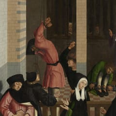 Visitors in dark robes offer coins over the railing of a prison yard, where a prisoner hangs by his bound wrists as a jailer raises a stick, another sits with his ankles locked in irons, and faces look out from behind bars; Christ stands among the prisoners, raising his hand in blessing.