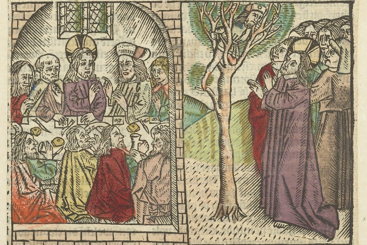 A hand-colored woodcut in two scenes: on the right, Christ and his disciples look up at a small man in the branches of a tree; on the left, Christ sits at a crowded table in a house with his host and disciples.