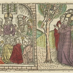A hand-colored woodcut in two scenes: on the right, Christ and his disciples look up at a small man in the branches of a tree; on the left, Christ sits at a crowded table in a house with his host and disciples.