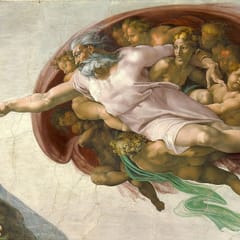 A powerful white-bearded figure of God, borne through the air in a billowing red cloak crowded with young figures, stretches his finger toward Adam's outstretched hand.