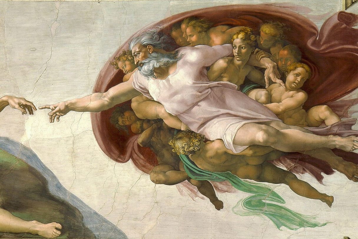 A powerful white-bearded figure of God, borne through the air in a billowing red cloak crowded with young figures, stretches his finger toward Adam's outstretched hand.