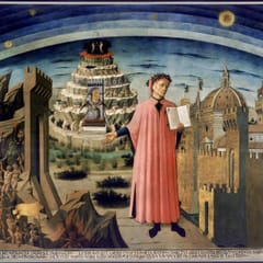 Dante in a red robe holds open his poem; behind him rises the terraced mountain of Purgatory, with Hell on one side and the city of Florence on the other.