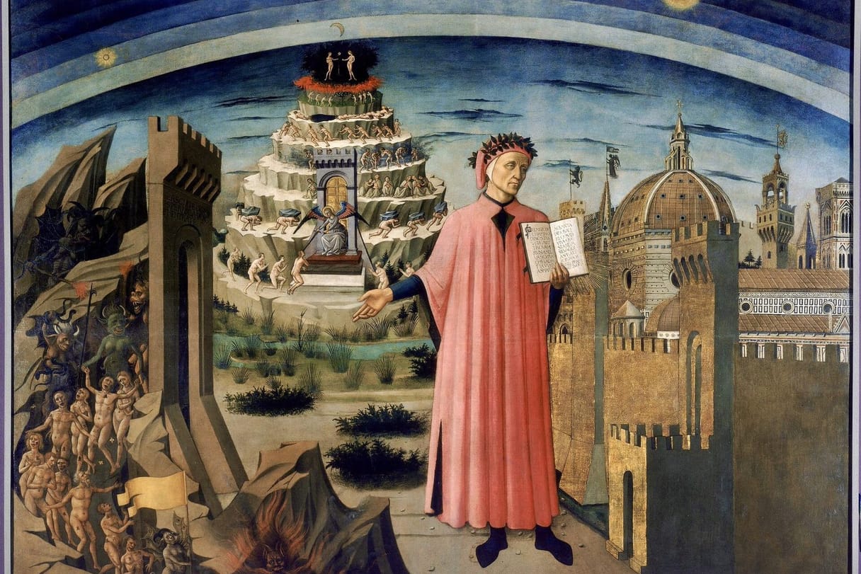 Dante in a red robe holds open his poem; behind him rises the terraced mountain of Purgatory, with Hell on one side and the city of Florence on the other.