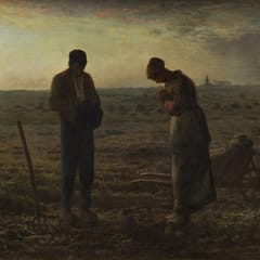 A farm couple stands with heads bowed in prayer in a darkening field, a basket of potatoes at their feet and a church spire on the horizon.