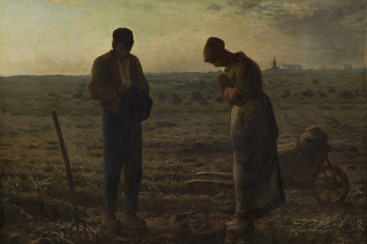 A farm couple stands with heads bowed in prayer in a darkening field, a basket of potatoes at their feet and a church spire on the horizon.