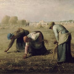 Three peasant women bend low in a harvested field to pick up stray stalks of grain, while haystacks and a busy harvest crew fill the distance.