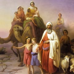 An old bearded man in a white turban and red robe walks ahead of two boys, camels carrying women and children, and a flock of sheep across a rocky plain at dawn.