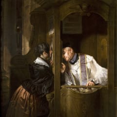 A woman kneels at a wooden confessional, speaking quietly through the screen to a priest in a white surplice who leans in to listen.