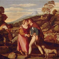 Jacob, in a red cloak, kisses Rachel and takes her hand beside a well, while shepherds water their flocks and a small dog looks up at the couple.