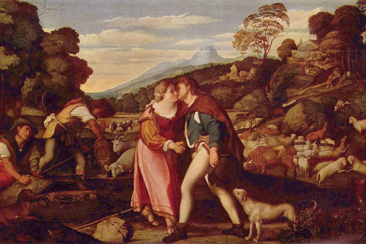 Jacob, in a red cloak, kisses Rachel and takes her hand beside a well, while shepherds water their flocks and a small dog looks up at the couple.