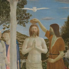 John the Baptist pours water over the head of Jesus, who stands with hands joined in a shallow stream, as a white dove hovers above and three angels watch beside a tree.
