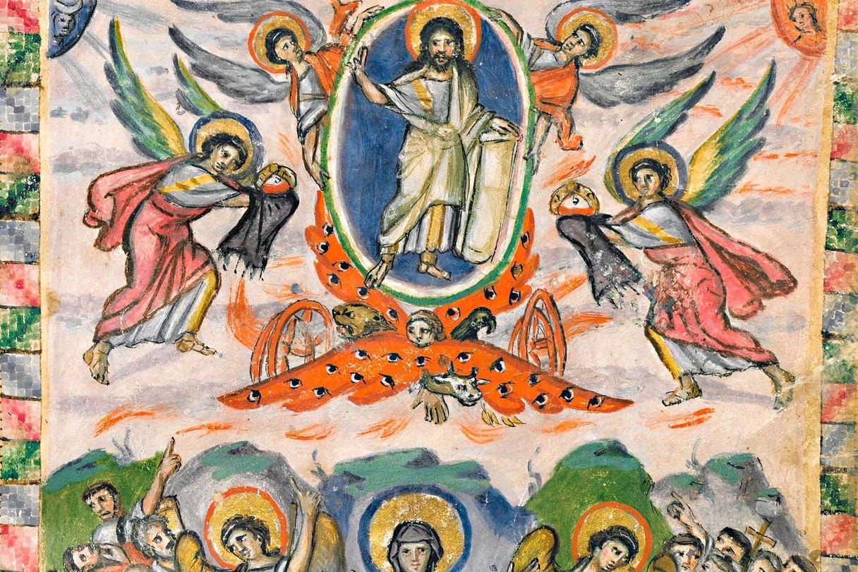 Christ stands in an oval of light carried upward by angels above a fiery winged chariot, while below Mary stands with raised hands among the apostles, who look up and point in wonder.
