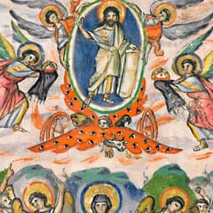 Christ stands in an oval of light carried upward by angels above a fiery winged chariot, while below Mary stands with raised hands among the apostles, who look up and point in wonder.