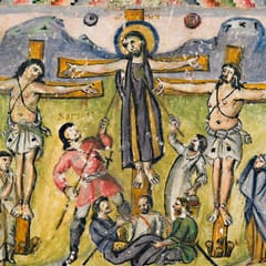 Christ, in a long purple robe, hangs on the cross between two thieves under the sun and moon; one soldier pierces his side with a spear and another lifts a sponge, soldiers cast lots at the foot of the cross, and Mary, John, and the women watch from either side.