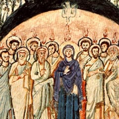 A white dove descends from the top of a dark arch as tongues of flame rest on the heads of the apostles and of Mary, who stands among them in a deep blue mantle.