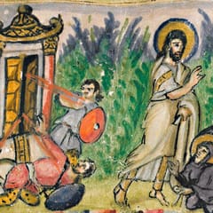 Beside the open tomb, where the guards lie stunned, the risen Christ strides forward and greets two haloed women, one of whom kneels at his feet.