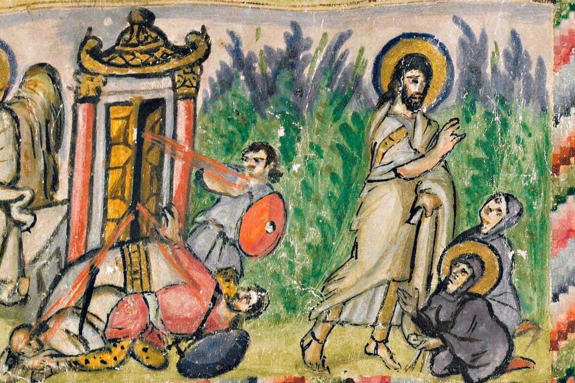 Beside the open tomb, where the guards lie stunned, the risen Christ strides forward and greets two haloed women, one of whom kneels at his feet.