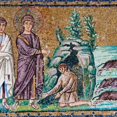 On a gold background, Jesus in a purple robe stretches out his hand toward a man kneeling at the mouth of a rocky tomb, while a disciple in white looks on and three pigs plunge into the sea.