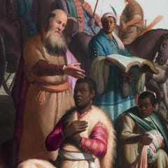The Ethiopian official kneels with his hand on his heart before the apostle Philip, while his attendants hold an open book beside a chariot and horses.