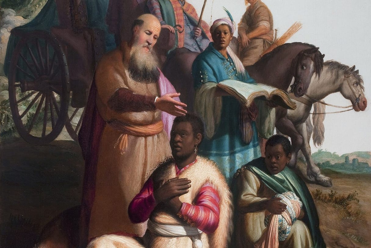 The Ethiopian official kneels with his hand on his heart before the apostle Philip, while his attendants hold an open book beside a chariot and horses.