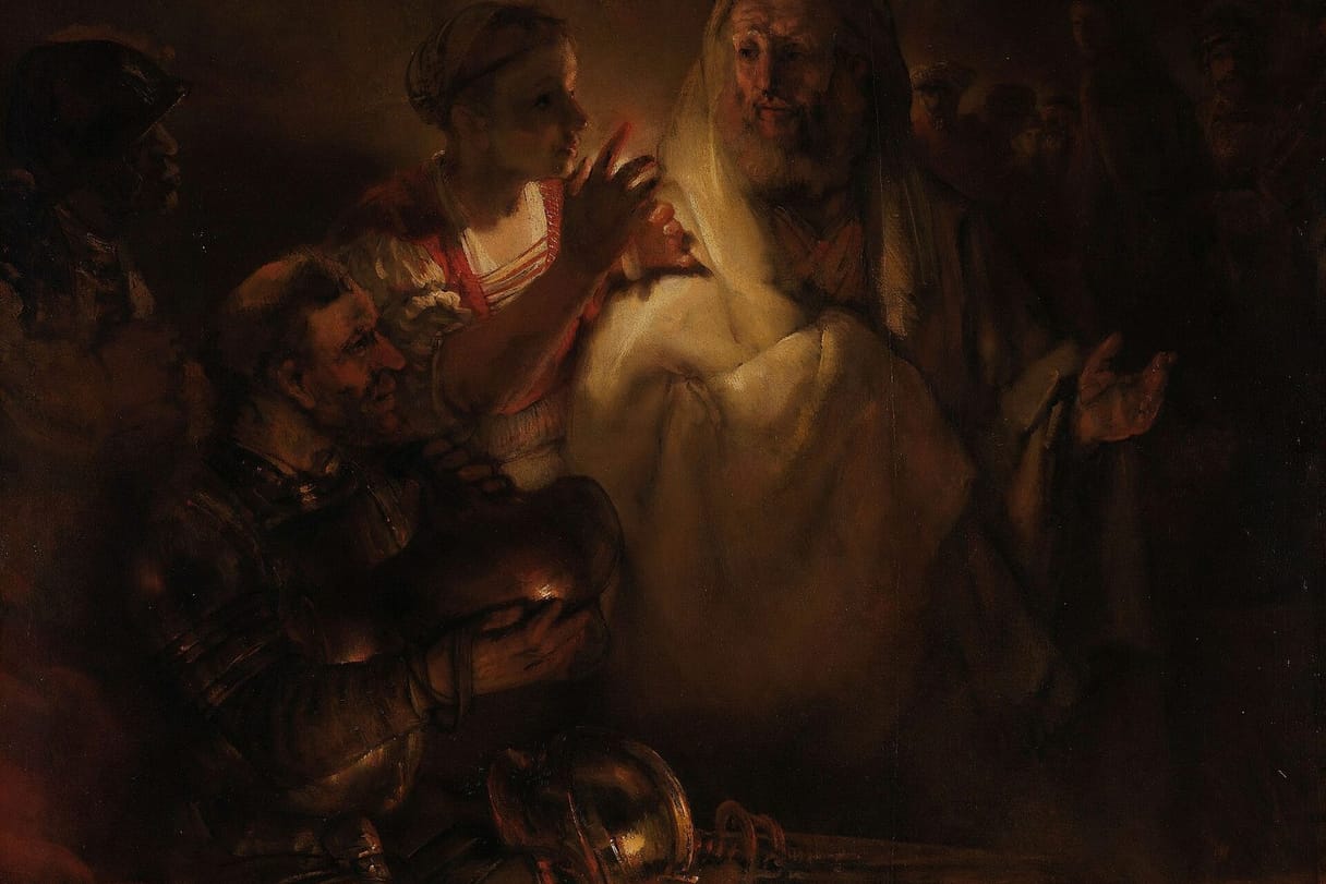 A servant girl holds up a candle to look closely at Peter, who raises his hand in denial while soldiers sit in the shadows nearby.