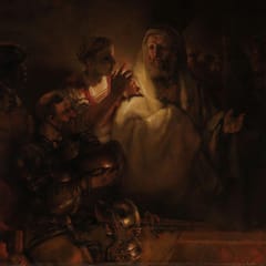 A servant girl holds up a candle to look closely at Peter, who raises his hand in denial while soldiers sit in the shadows nearby.