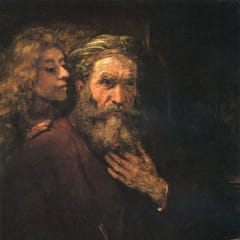 An old bearded man pauses over his writing, hand at his beard, while a young angel leans close to speak into his ear.