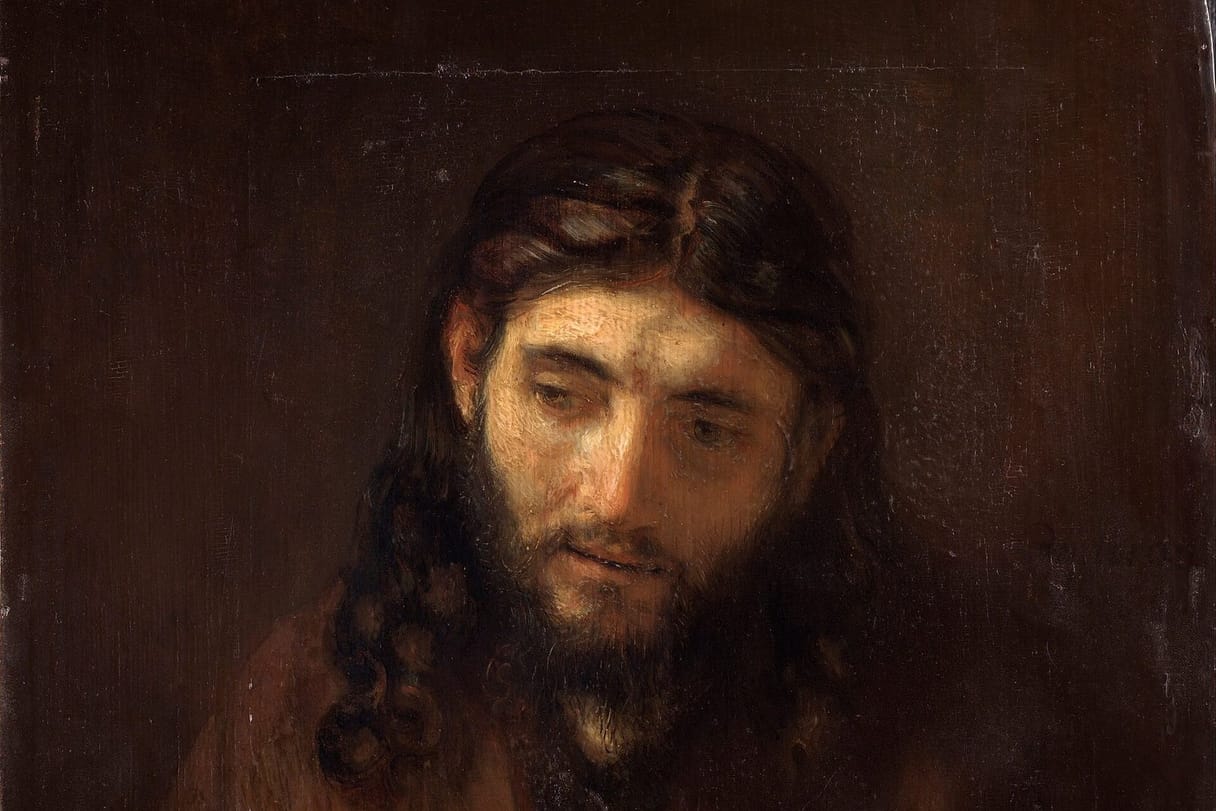 A young man with long dark hair and a short beard looks down thoughtfully, painted in warm, loose brushstrokes against a brown background.
