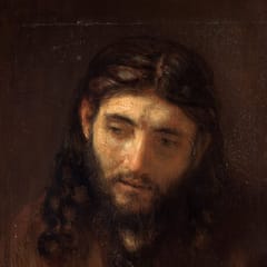 A young man with long dark hair and a short beard looks down thoughtfully, painted in warm, loose brushstrokes against a brown background.