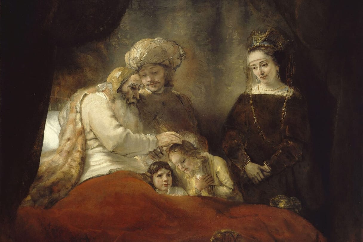 An old man propped up in a curtained bed lays his hand on the head of a fair-haired boy, while the boy's father gently guides the old man's hand and the mother looks on.