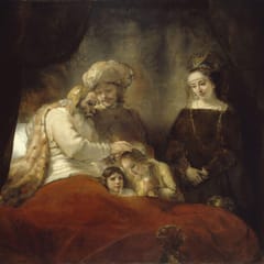 An old man propped up in a curtained bed lays his hand on the head of a fair-haired boy, while the boy's father gently guides the old man's hand and the mother looks on.