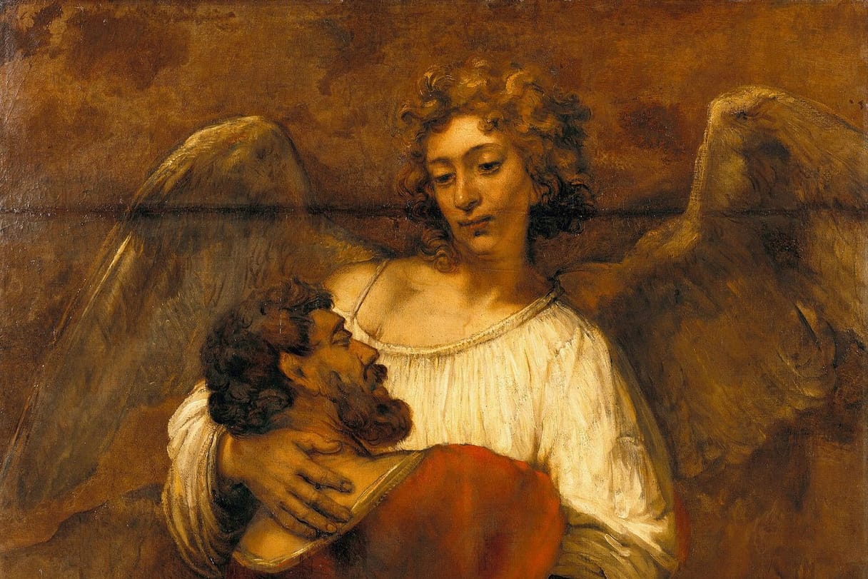 Jacob grips a calm, winged angel in a close embrace as they wrestle, the angel looking down at him almost tenderly.