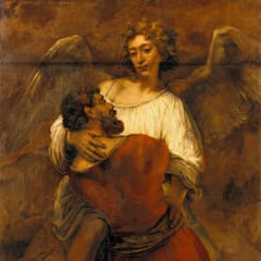 Jacob grips a calm, winged angel in a close embrace as they wrestle, the angel looking down at him almost tenderly.