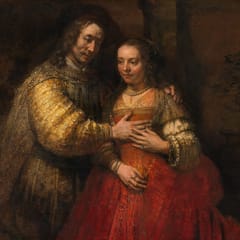A husband in a golden sleeve gently rests his hand on his wife, who lays her own hand over his, both lost in thought.