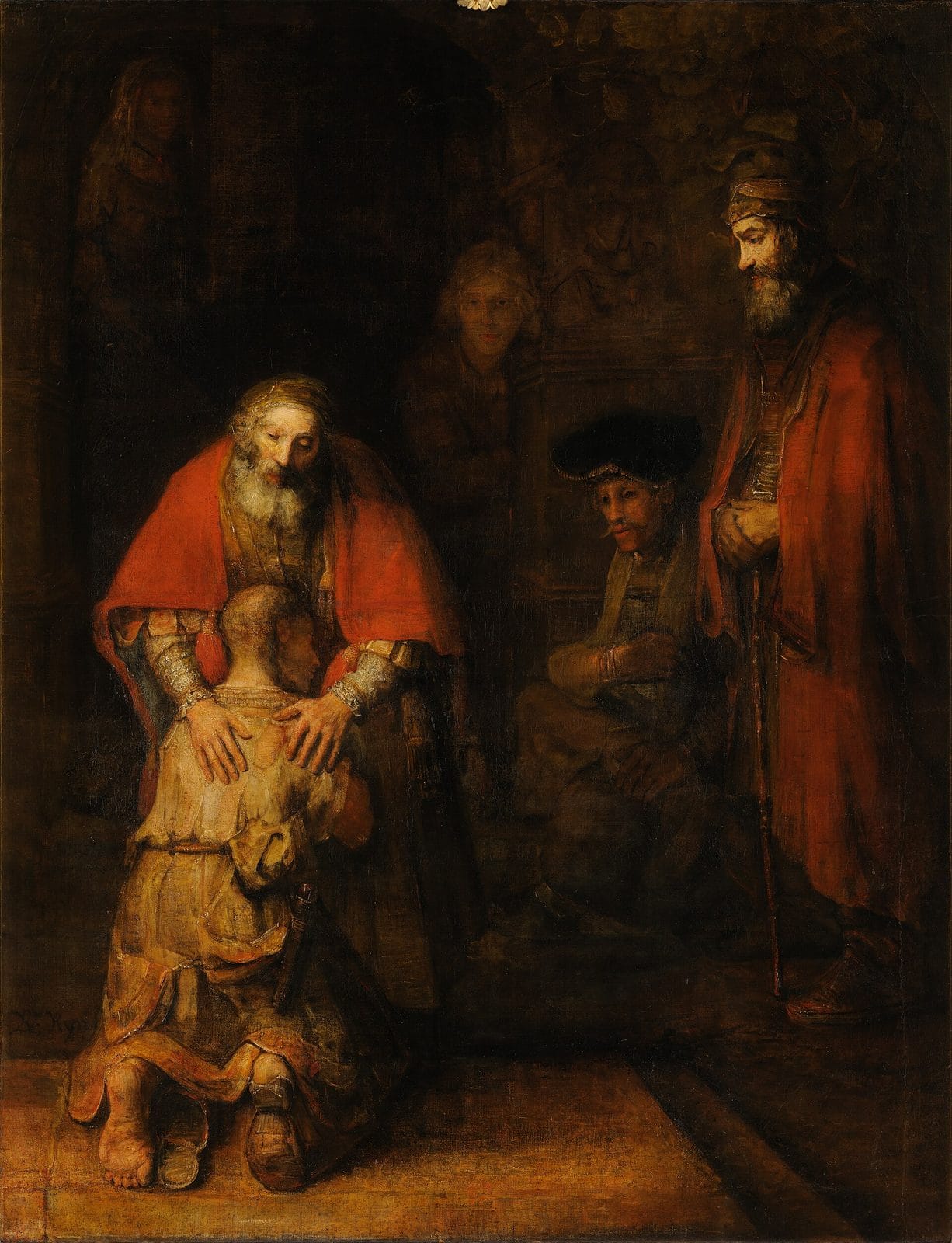 An old father embraces his kneeling, ragged son while the older brother watches.