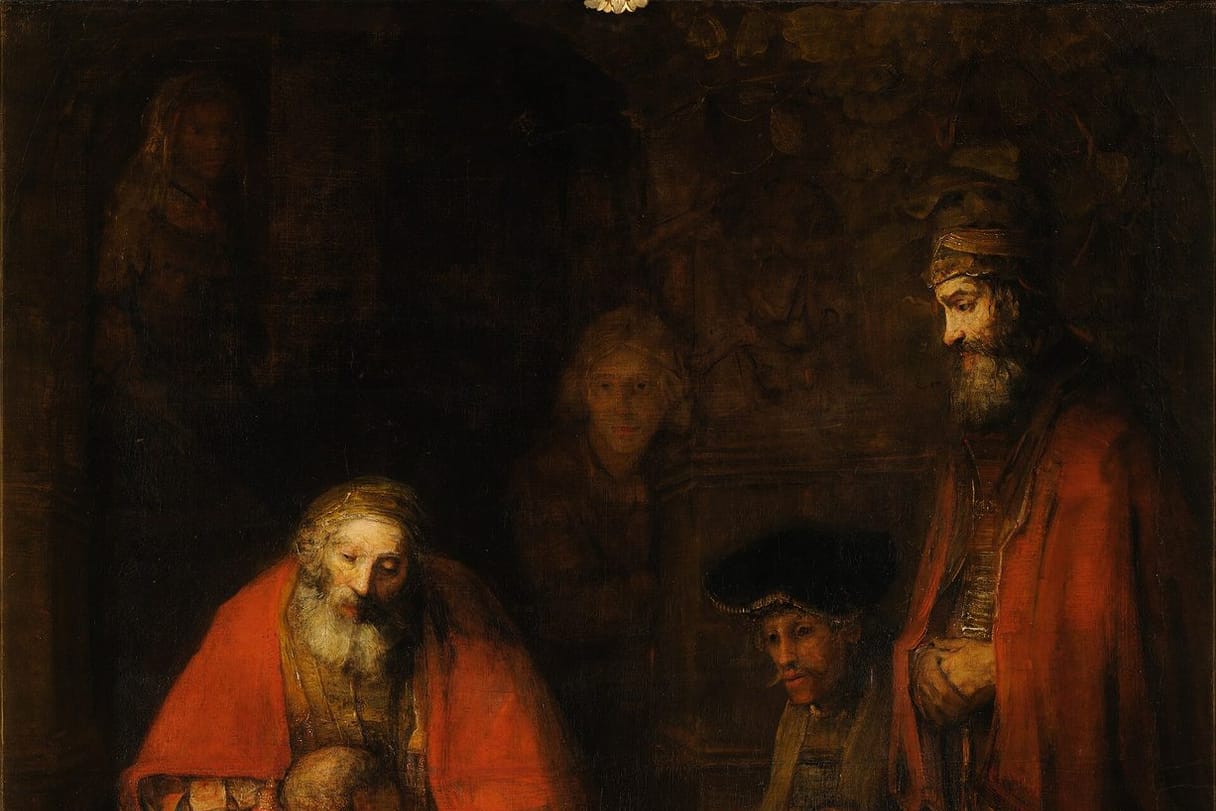 An old father embraces his kneeling, ragged son while the older brother watches.