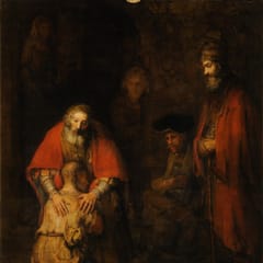 An old father embraces his kneeling, ragged son while the older brother watches.