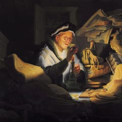 An old man in spectacles and a fur-trimmed robe holds a coin up to a candle, surrounded by heaps of ledgers and papers, money bags, and a small pile of gold coins.