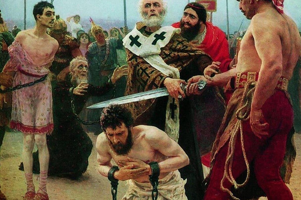 A white-bearded bishop grabs the executioner's sword just above the neck of a kneeling, bound prisoner, while a crowd and soldiers look on.