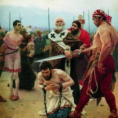 A white-bearded bishop grabs the executioner's sword just above the neck of a kneeling, bound prisoner, while a crowd and soldiers look on.
